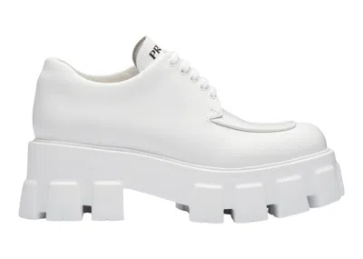 Pre-owned Prada Women's  Monolith 55mm Lace Up Loafer Brushed Leather Sneakers In White