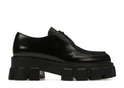 Pre-owned Prada Women's  Monolith 55mm Pointy Lace Up Loafer Brushed Leather Sneakers In Black