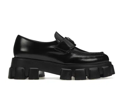 Pre-owned Prada Women's  Monolith 55mm Pointy Loafer Brushed Leather Sneakers In Black/silver