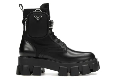 Pre-owned Prada Women's  Monolith 55mm Pouch Ankle Boots Leather Sneakers In Black/silver