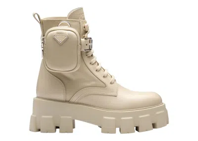 Pre-owned Prada Women's  Monolith 55mm Pouch Ankle Boots Leather Sneakers In Desert Beige