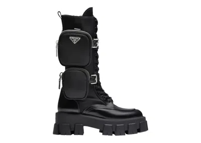 Pre-owned Prada Women's  Monolith 55mm Pouch Tall Boots Black Leather Sneakers In Blalck