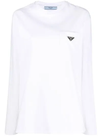 Pre-owned Prada Women's  Patch Pocket Enamel Logo T-shirt In White