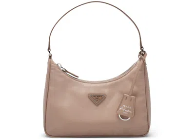 Pre-owned Prada Women's  Reedition 2005 Mini Bag Nylon Saffiano Leather Strap In Cameo Beige