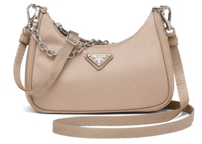 Pre-owned Prada Women's  Reedition Shoulder Bag Mini Nylon In Cameo Beige