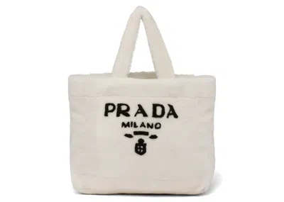 Pre-owned Prada Women's  Shearling Tote Bag Intarsia Logo In White/black In Multi
