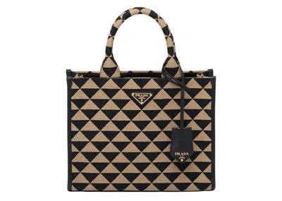 Pre-owned Prada Women's  Small Symbole Embroidered Fabric Handbag In Black/beige In Multi
