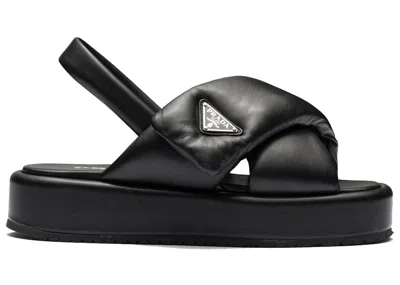 Pre-owned Prada Women's  Soft Padded 35mm Wedge Sandals Nappa Leather Sneakers In Black