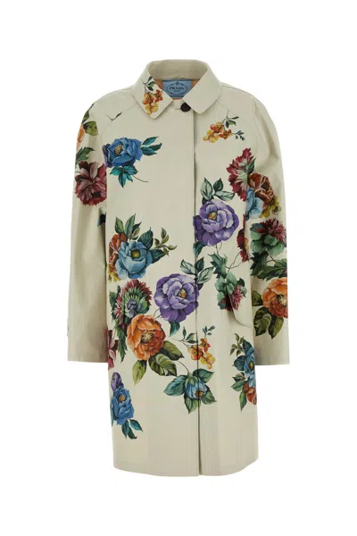 Prada Women Printed Cotton Overcoat In Neutral