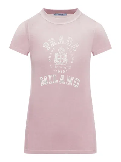 Prada Women Printed Cotton T-shirt In Pink