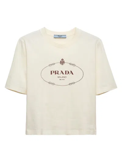 Prada Logo-print Cotton Cropped T-shirt In Beige Khaki