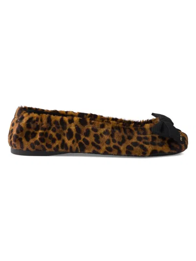Prada Women's Printed Leather Ballerinas With Bow In Animal Print