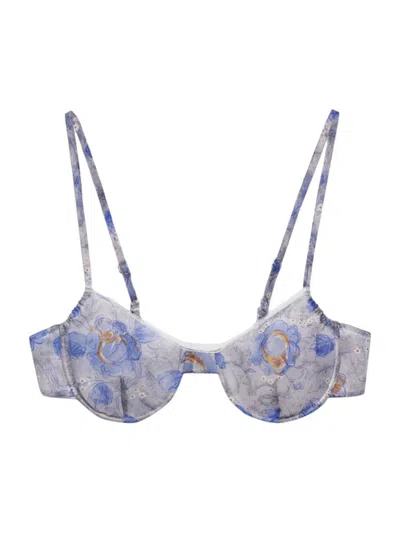 Prada Womens Light Blue Peony-print Fitted Nylonette Bra