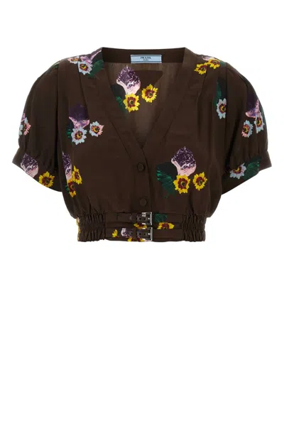 Prada Dark Brown Floral Print Crop Top In Multi