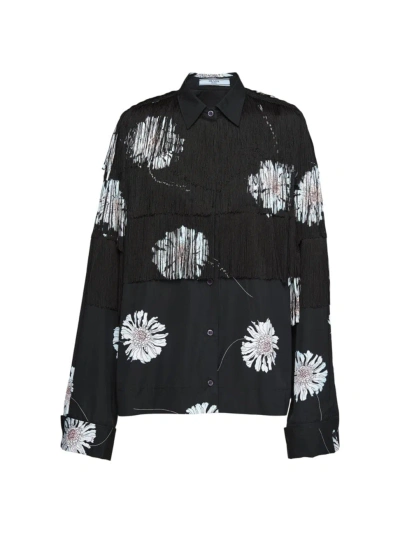 Prada Women's Printed Poplin Shirt With Fringe In Black Multi