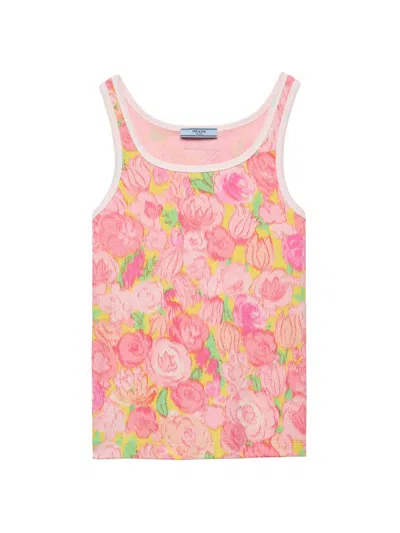 Prada Women's Printed Ribbed Knit Cotton Tank Top In Pink