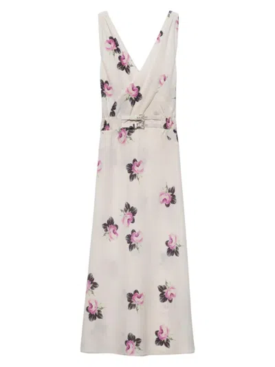 Prada Floral Smocked Sable Midi Dress In Neutral