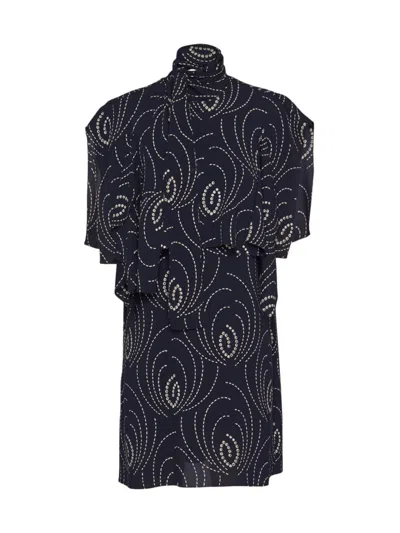 Prada Women's Printed Sable Mini Dress With Scarf Collar In Blue