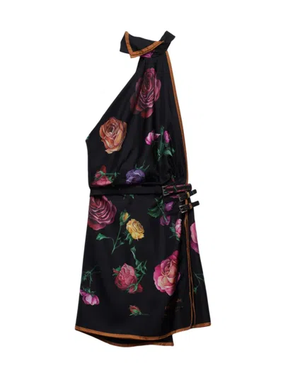 Prada Silk Twill Floral-print Backless Halter Mini Dress In Black
