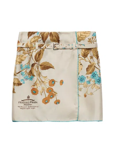 Prada Floral-print Archive-logo Silk-twill Mini Skirt In Neutral
