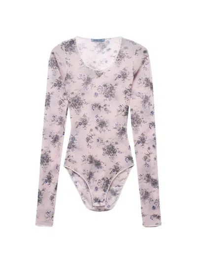 Prada Floral-print Slim-fit Stretch-tulle Bodysuit In Pink