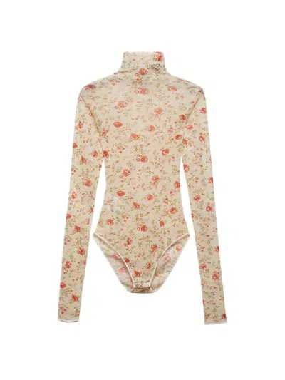 Prada Women's Printed Stretch Tulle Bodysuit In Red