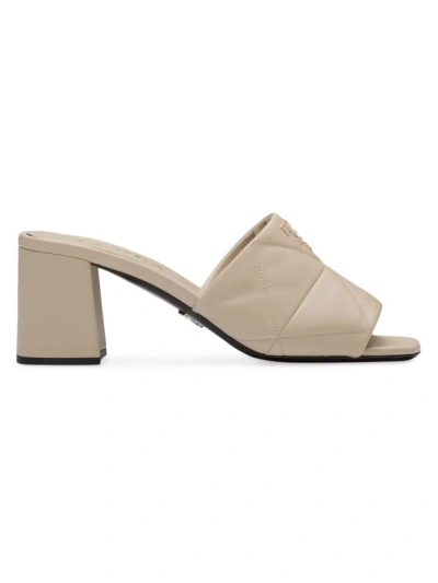 Prada Women's Quilted Nappa Leather Heeled Sandals In Beige Khaki