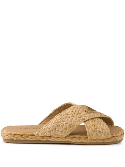 Prada Women Raffia Criss Cross Slide In Beige