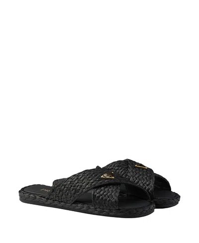 PRADA WOMEN'S RAFFIA CRISSCROSS SLIDES