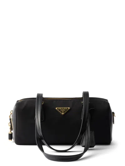 Prada Women Re-nylon And Leather Medium Top-handle Bag With Padlock In Black