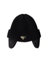 Prada Triangle-logo Knitted Beanie Hat In Black