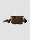 Prada Re-nylon And Saffiano Leather Mini Shoulder Bag In Dark Brown