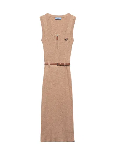 Prada Women's Ribbed Cotton Dress In Brown