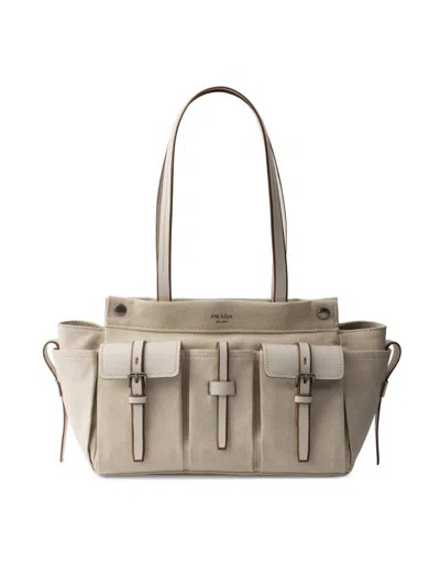 Prada Route Large Canvas And Leather Tote Bag In Neutral