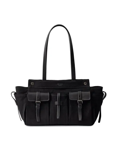 Prada Route Large Canvas And Leather Tote Bag In Black