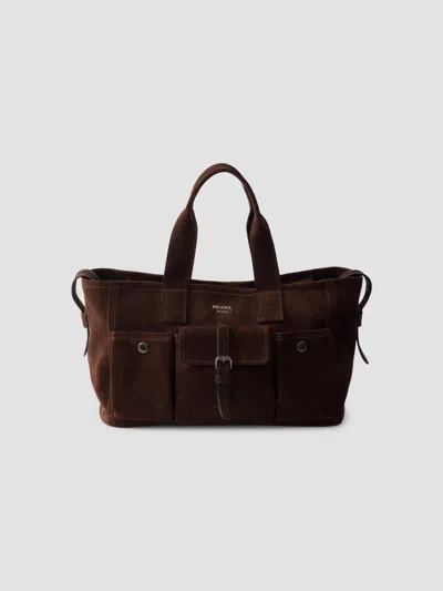 Prada Women's Route Large Suede Tote Bag In Brown