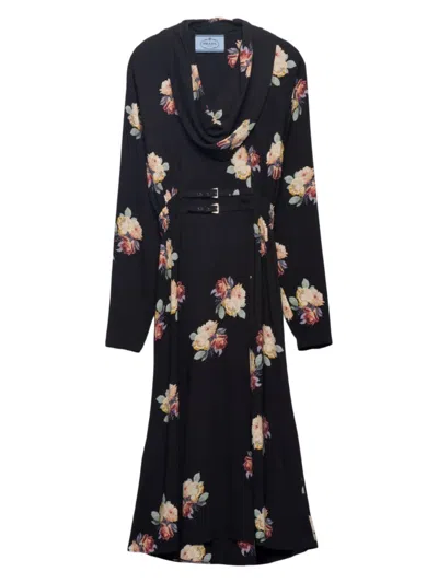 Prada Floral Cowl-neck Leather Belted Midi Dress In Black