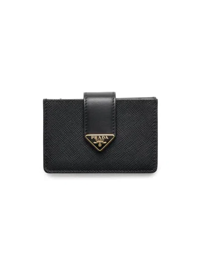 Prada Women's Saffiano And Smooth Leather Card Holder In Black
