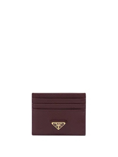 Prada Women Saffiano Leather Card Holder In Burgundy