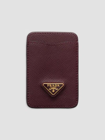 Prada Women's Saffiano Leather Card Holder In Dark Red