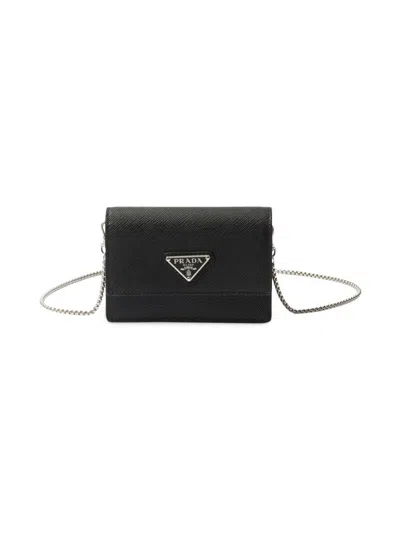 Prada Women's Saffiano Leather Card Holder With Shoulder Strap In Black