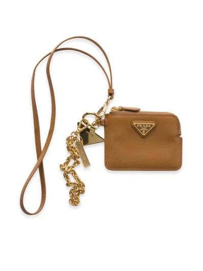 Prada Women's Saffiano Leather Card Holder With Shoulder Strap In Brown