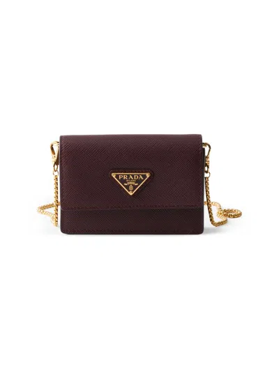 Prada Women's Saffiano Leather Card Holder With Shoulder Strap In Red