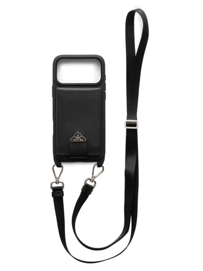 Prada Women's Saffiano Leather Case For Iphone 17 Pro Max With Shoulder Strap In Gray