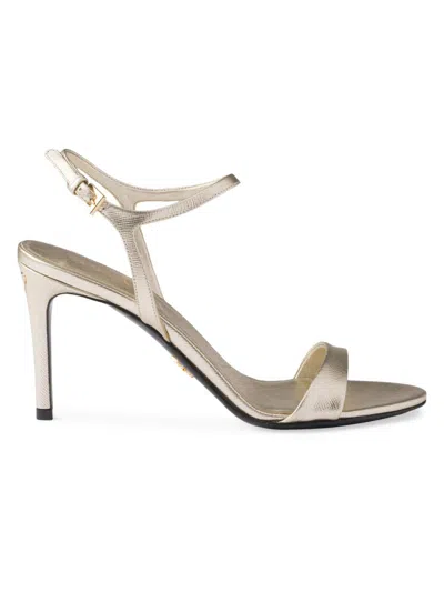 Prada Leather Sandals With Ankle Strap And Thin Heel In Gold
