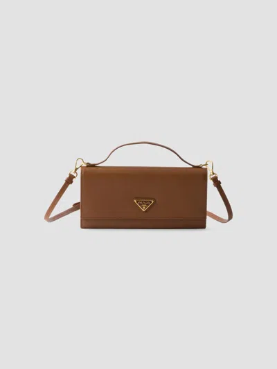 Prada Women's Saffiano Leather Wallet With Shoulder Strap In Brown Gold