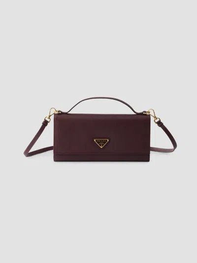 Prada Women's Saffiano Leather Wallet With Shoulder Strap In Dark Red