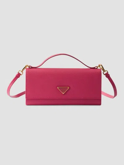 Prada Saffiano Leather Wallet With Shoulder Strap In Pink