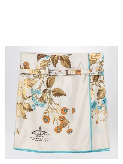 PRADA WOMEN'S SAND-COLOURED MINI SKIRT WITH SILK PRINT