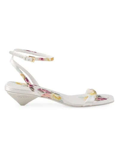 Prada 35mm Floral-print Satin Sandals In White Multicolor